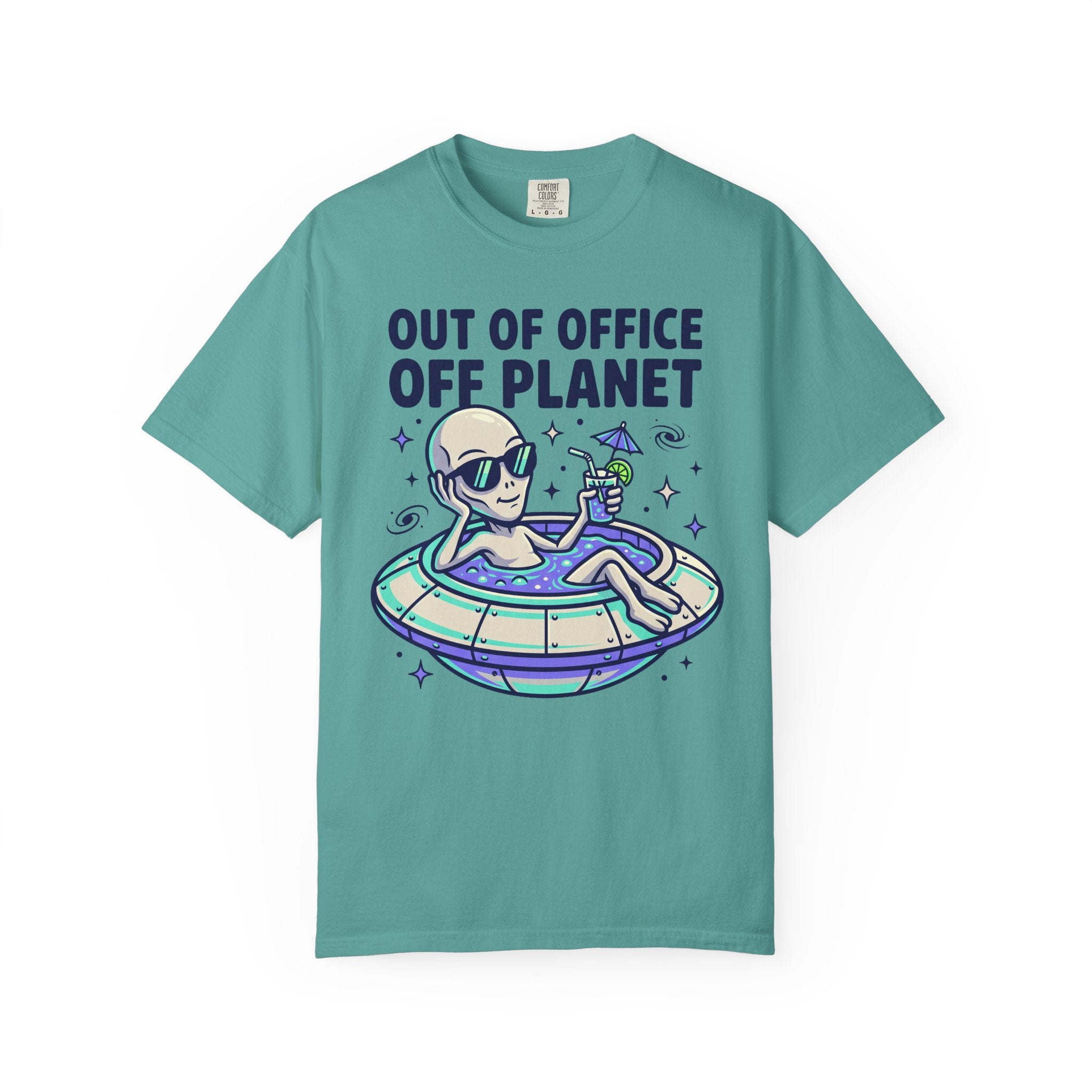 Teal alien floatie T-shirt with “OUT OF OFFICE OFF PLANET” graphic on front