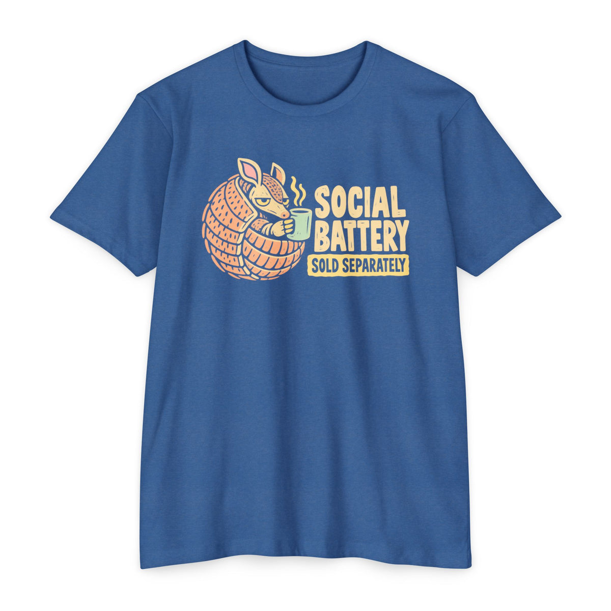 Blue t-shirt with orange armadillo graphic and “SOCIAL BATTERY” text