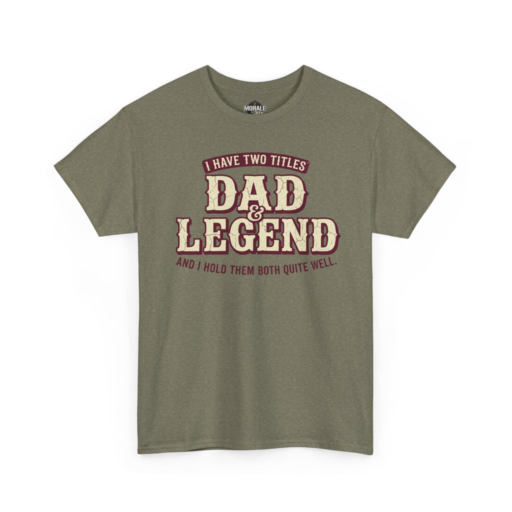 Heather Military Green short-sleeve T-shirt with “DAD LEGEND” vintage-style typography