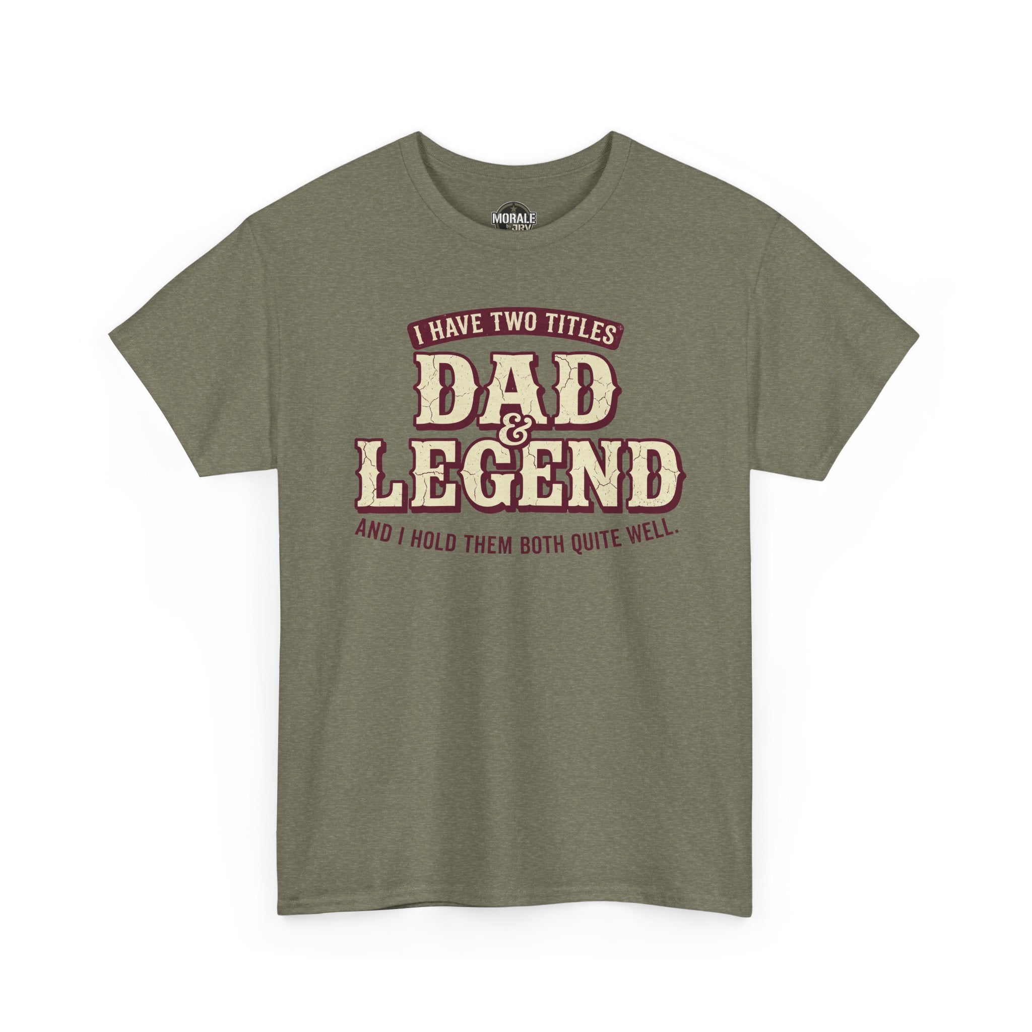 Heather Military Green short-sleeve T-shirt with “DAD LEGEND” vintage-style typography