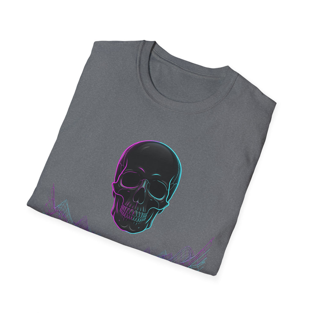 Dark heather grey T-shirt with neon outline skull graphic, retro vaporwave style
