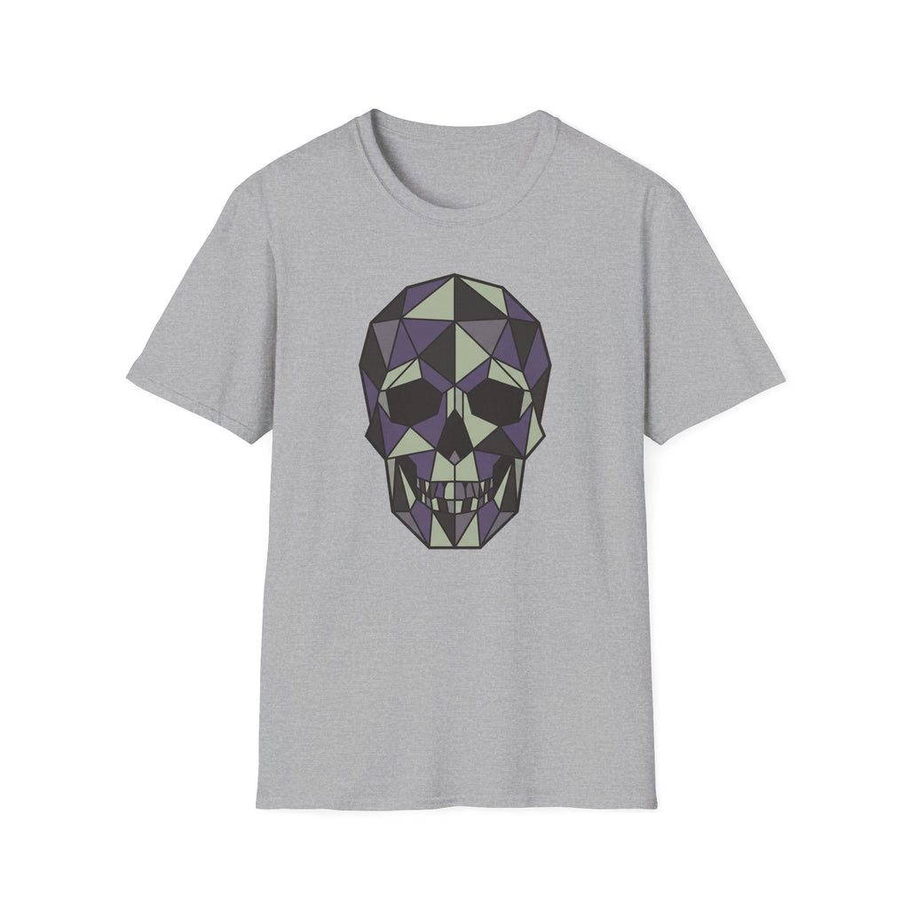 Light gray crew-neck T-shirt with geometric low-poly skull graphic, front view