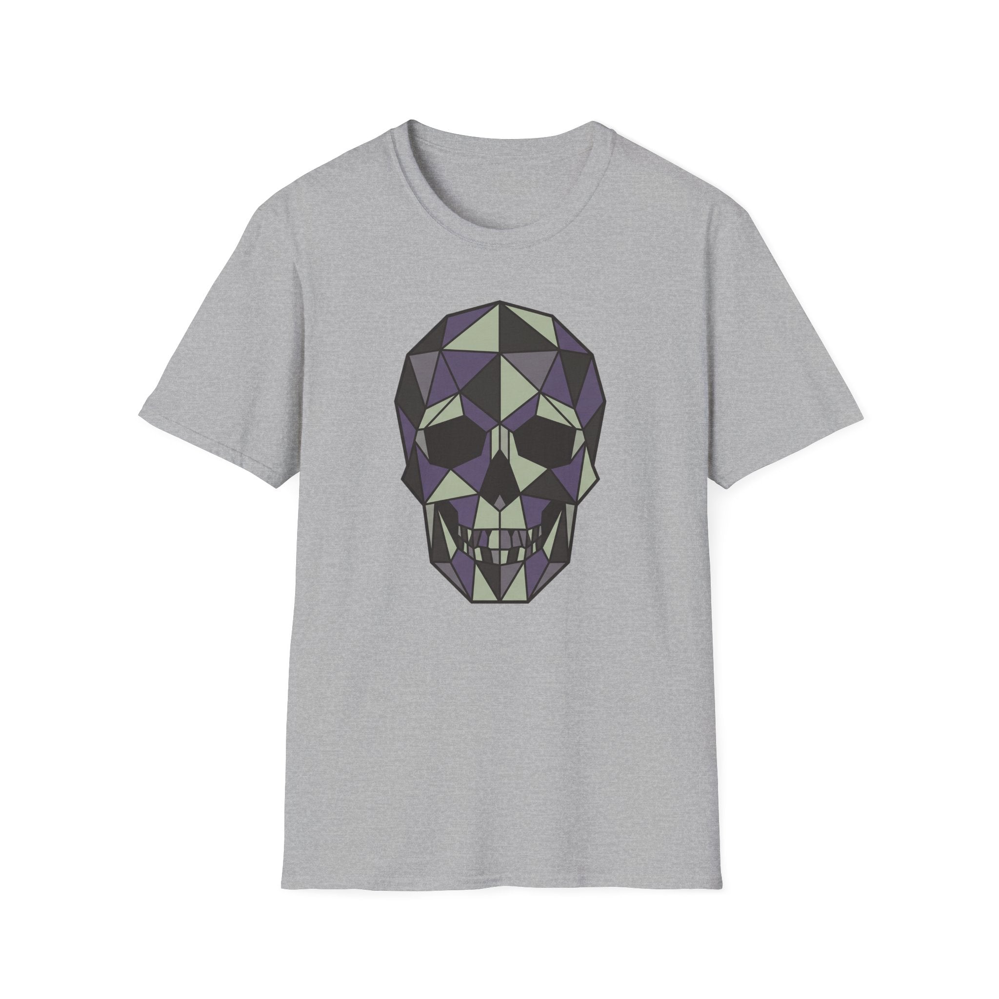 Light gray crew-neck T-shirt with geometric low-poly skull graphic, front view