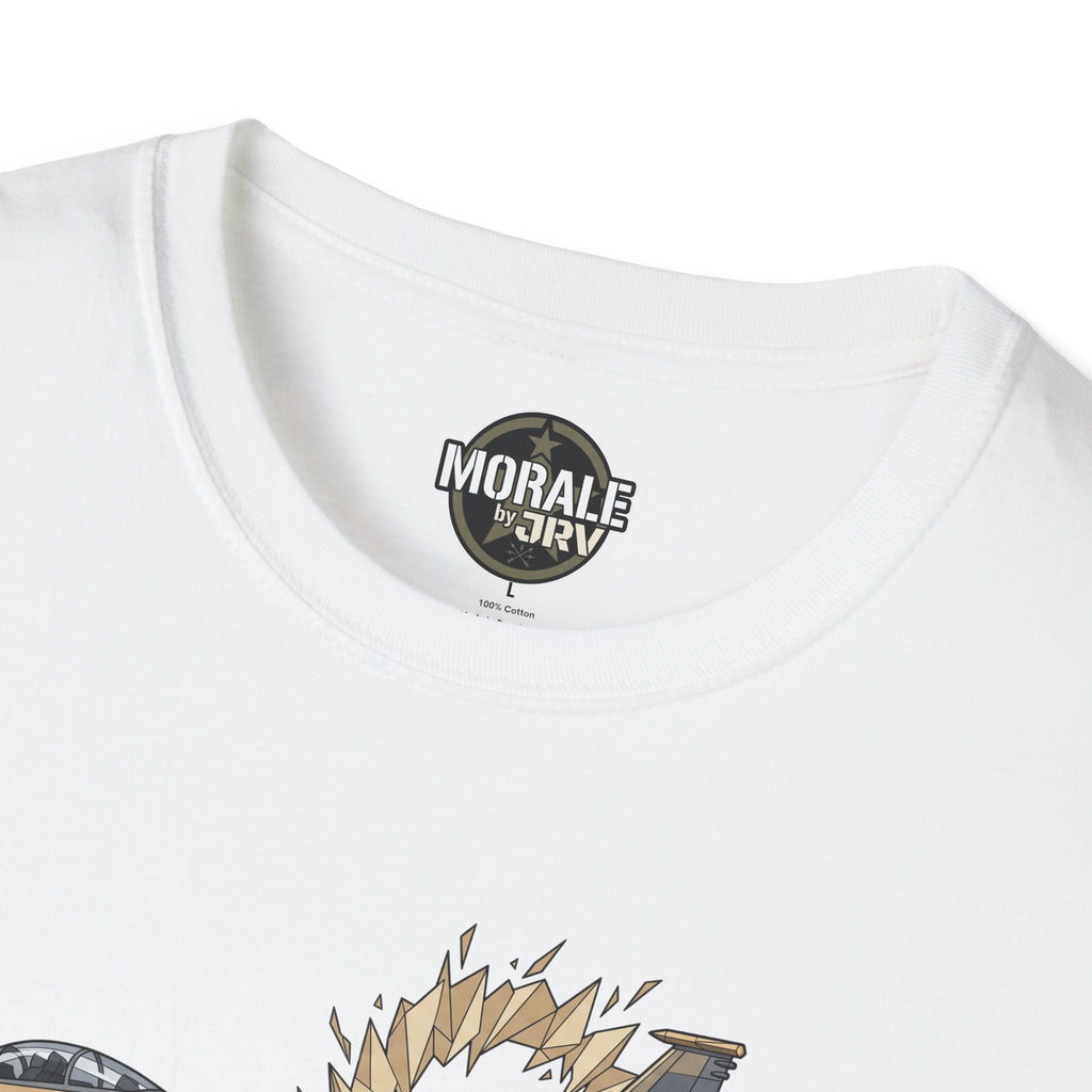 White t-shirt close-up of neck label and top edge of fighter jet “ring of fire” graphic