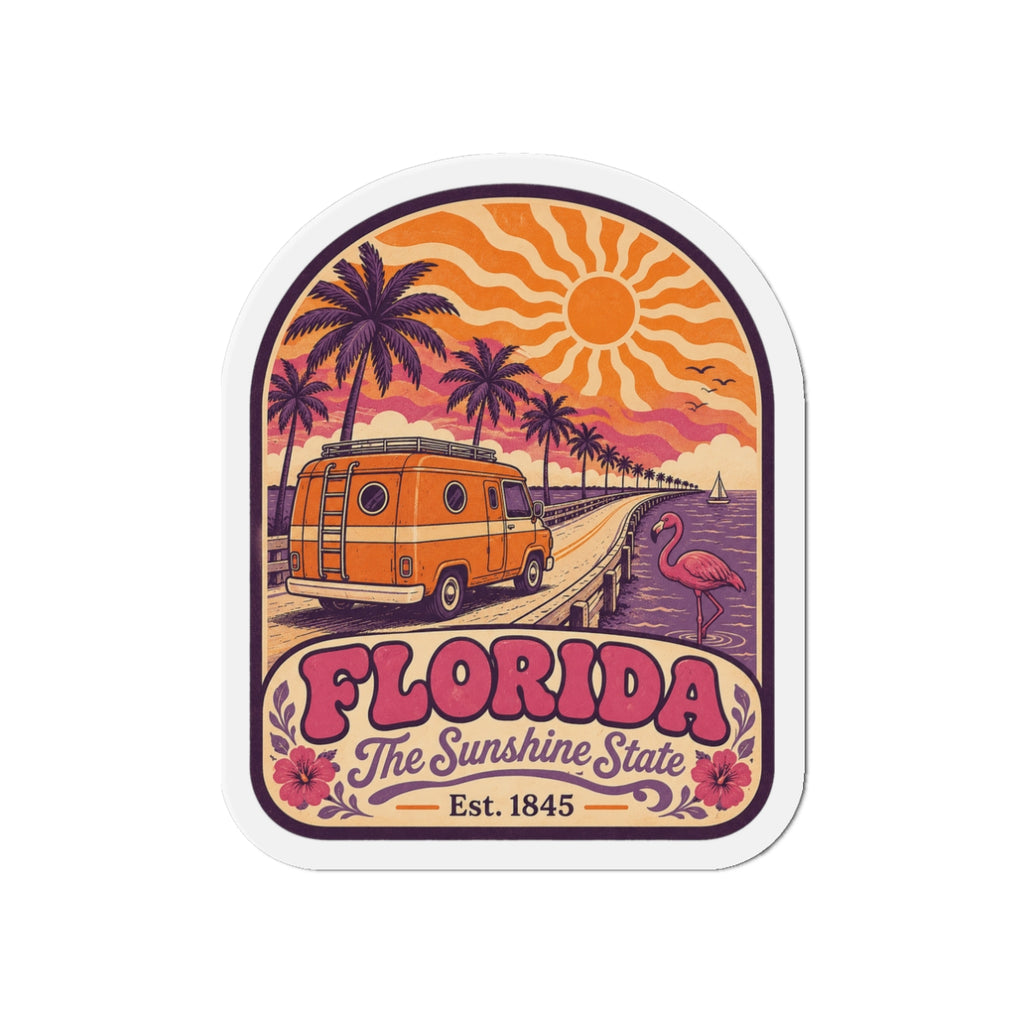 Florida die-cut magnet featuring a retro orange van by a canal with flamingo