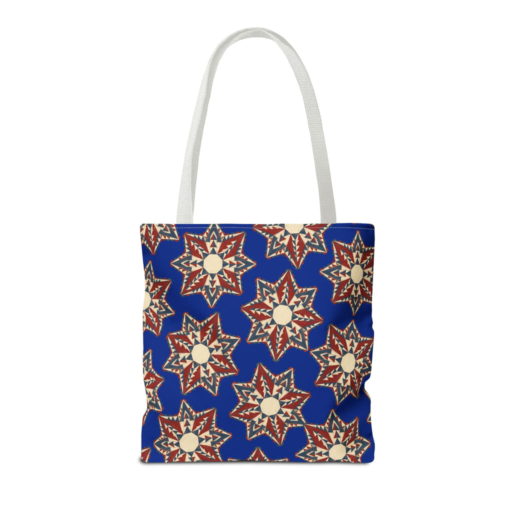 Blue starburst floral tote bag with white handles, square top-opening design