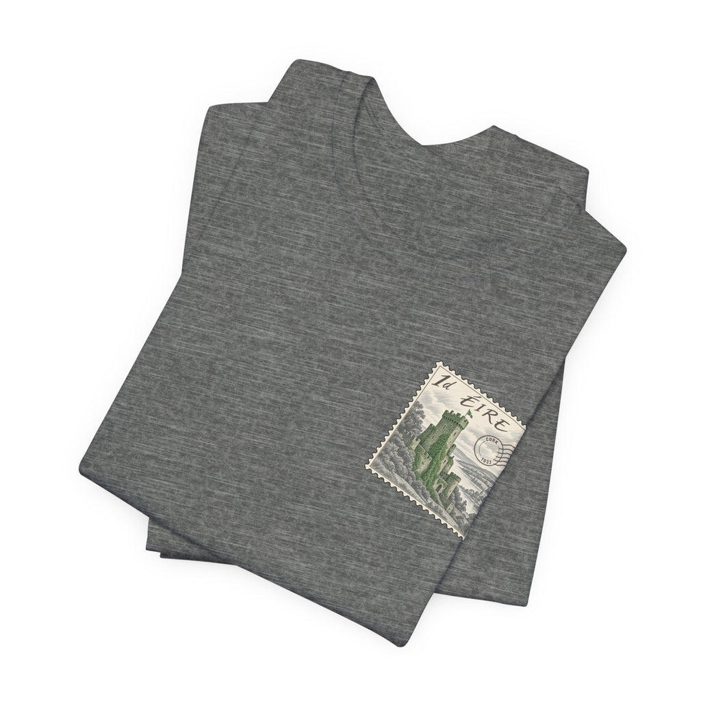 Heather dark gray T-shirt with small vintage postage-stamp graphic on chest