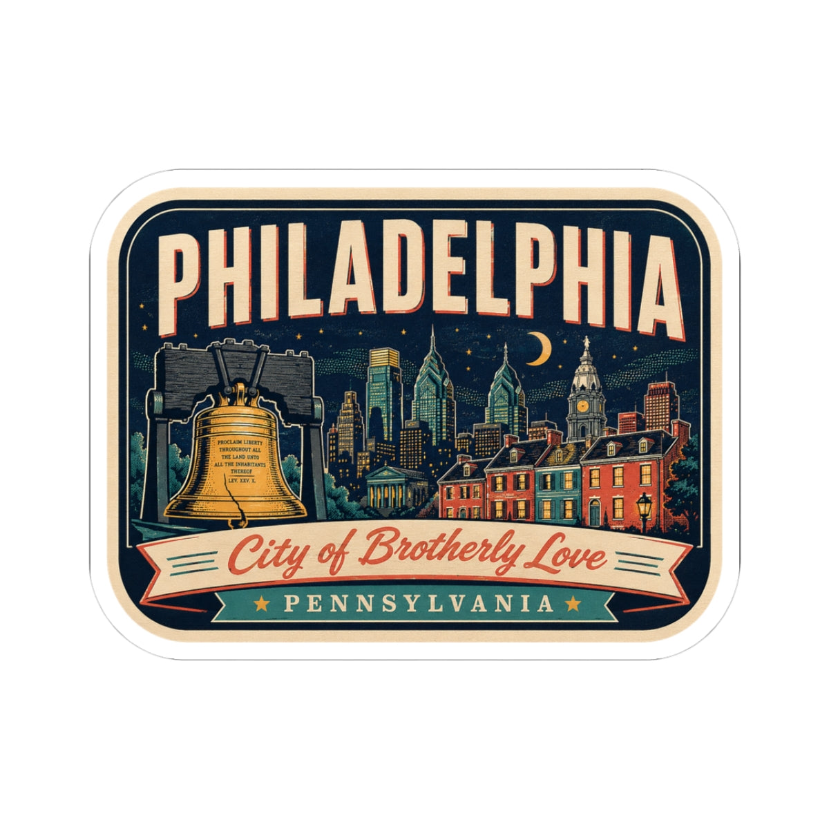 Retro luggage tag sticker with Philadelphia lettering, skyline art, and "City of Brotherly Love"