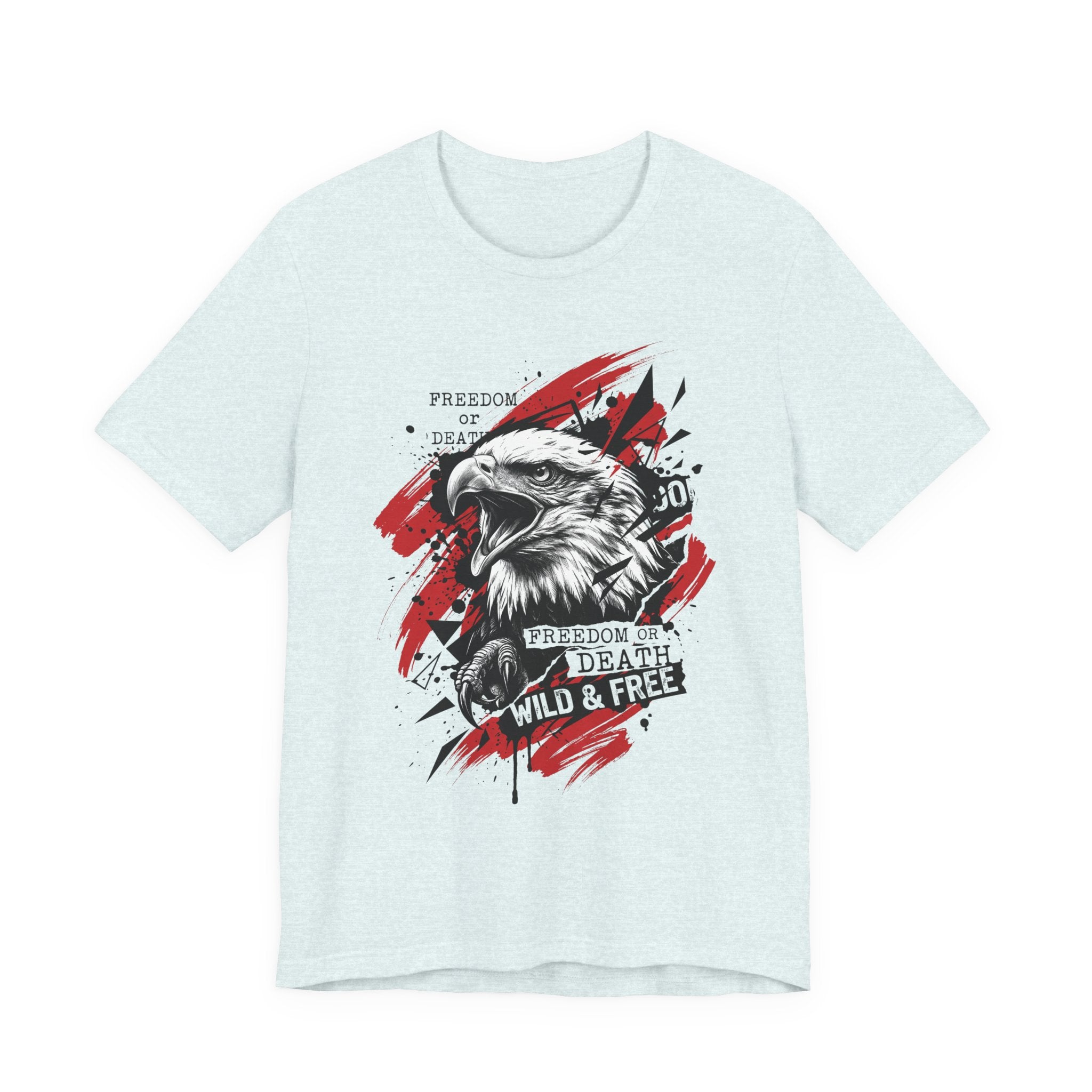 Pale light-blue eagle graphic T-shirt with red splatter circle and front eagle head print