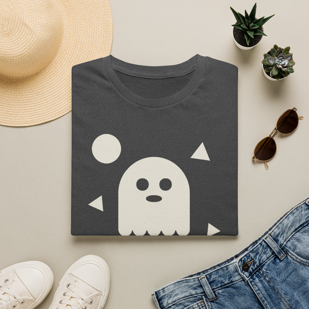 Charcoal gray T-shirt with white ghost face graphic and small triangle accents