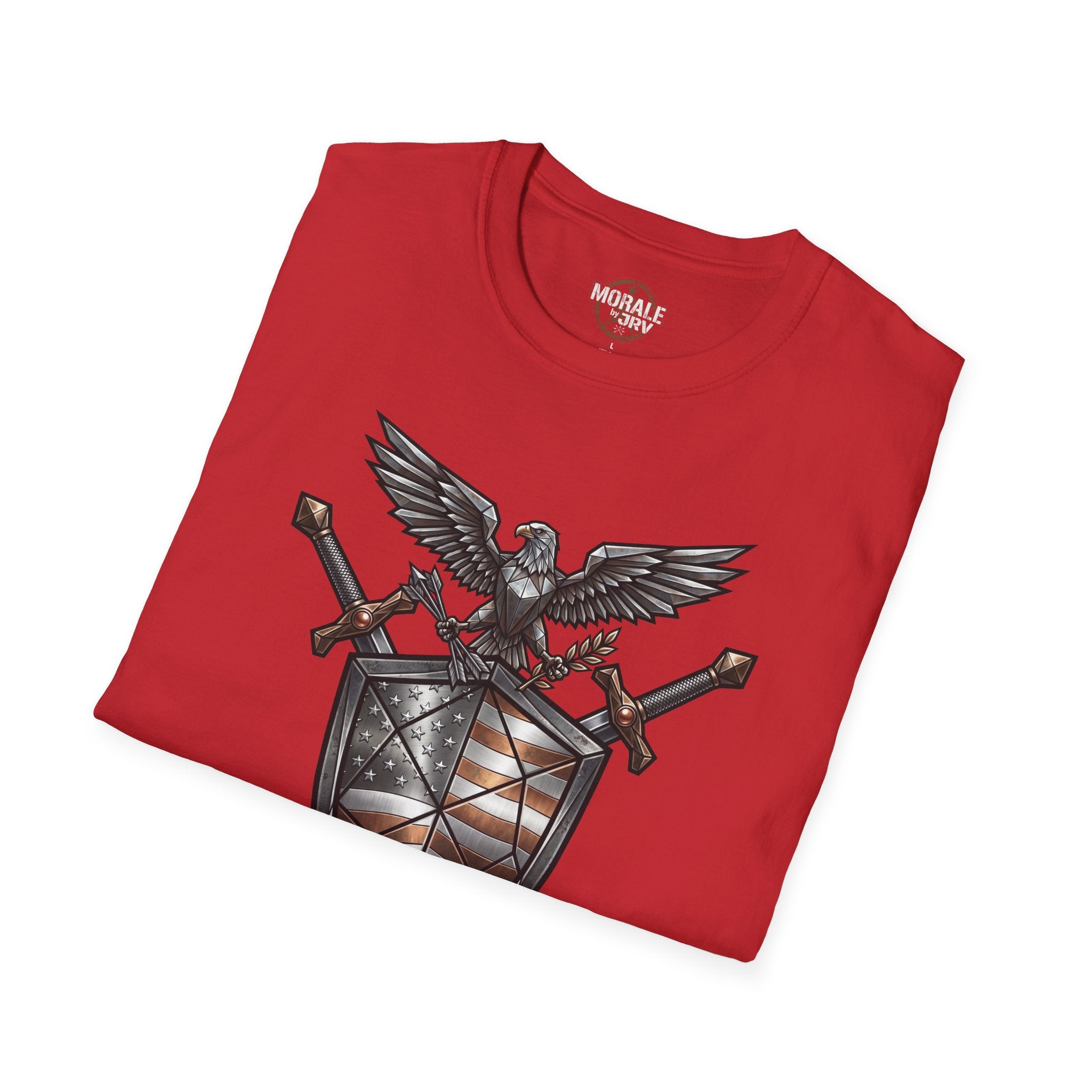 Red T-shirt with eagle, crossed swords, shield and American flag crest front graphic