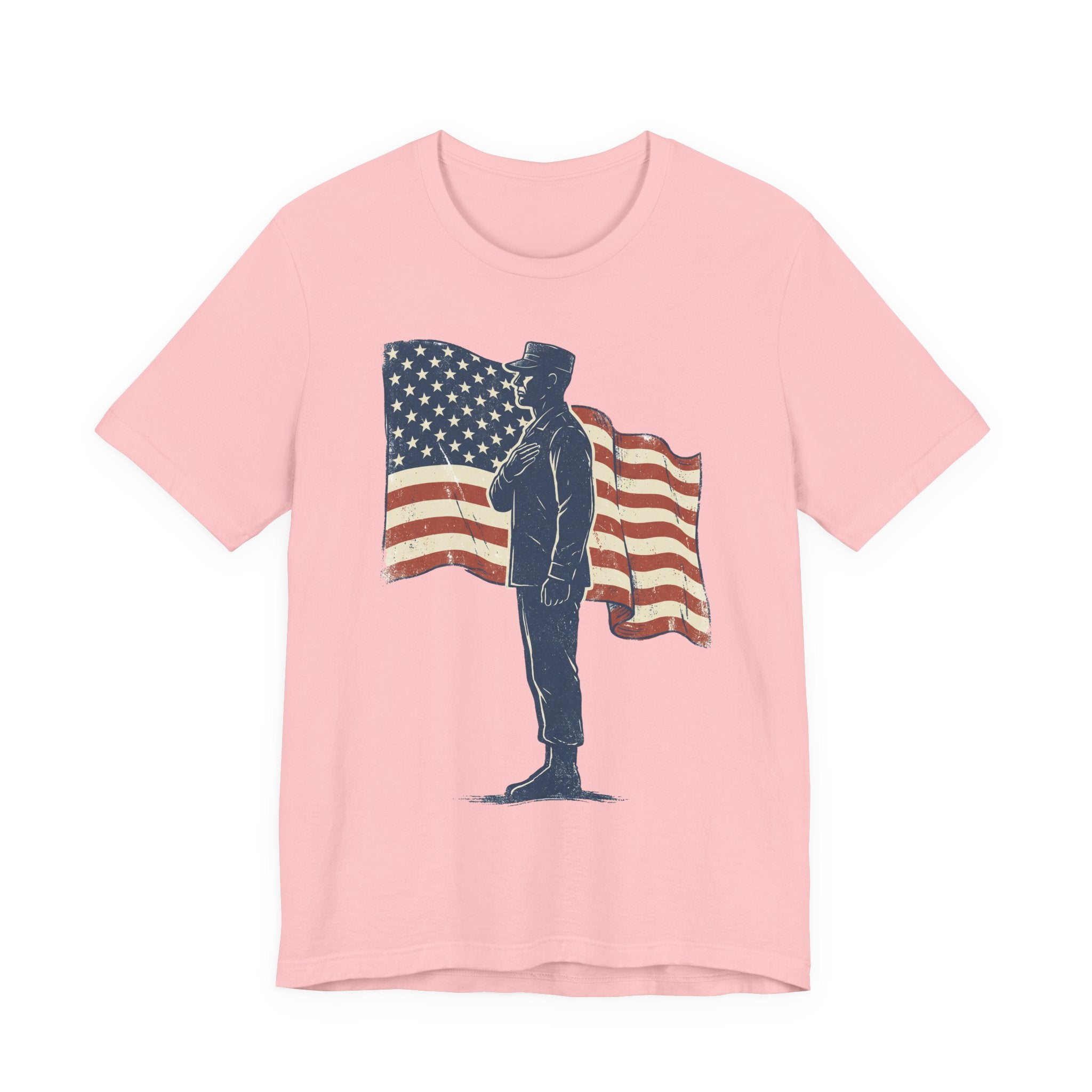 Light pink crewneck T-shirt with saluting soldier and American flag graphic