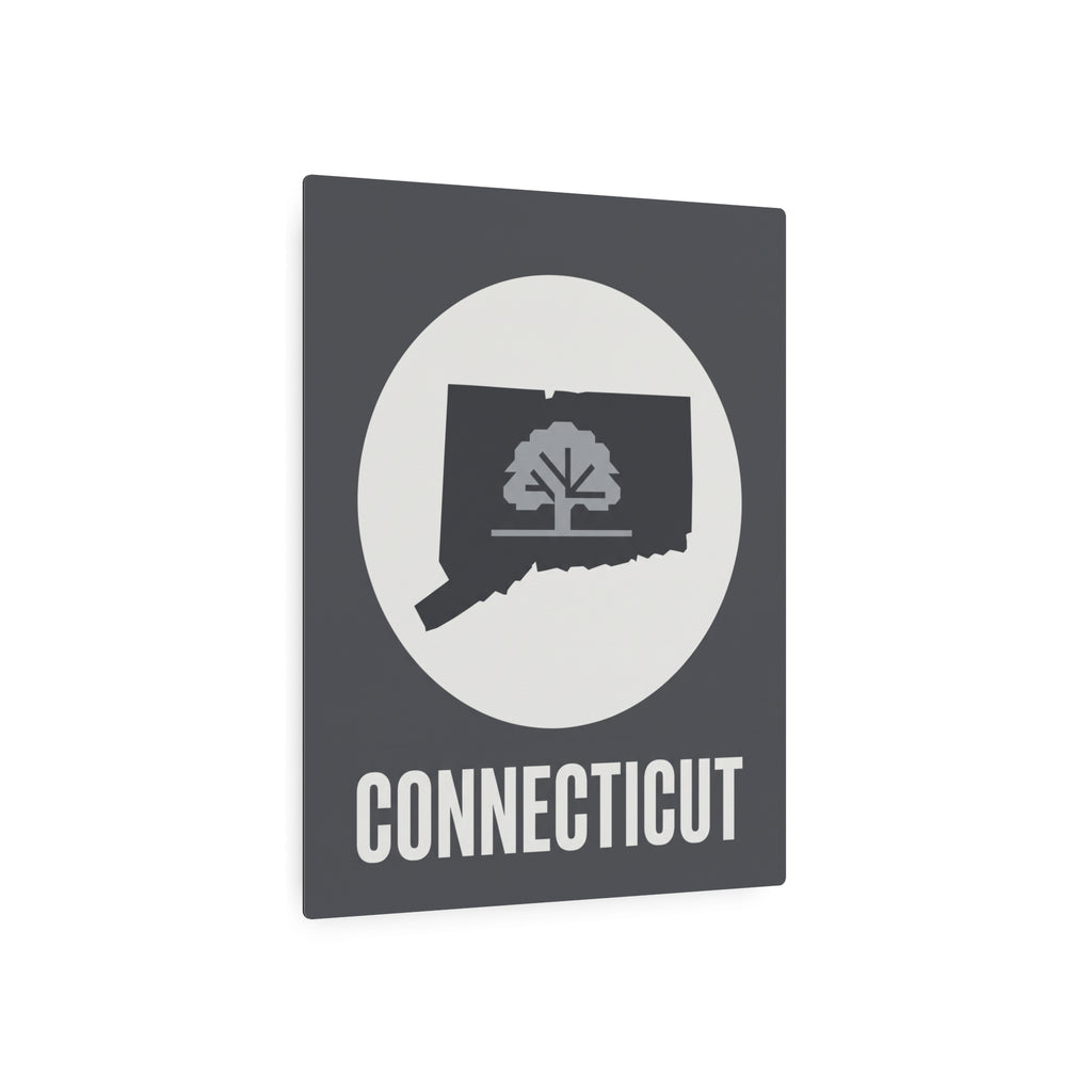 Connecticut state metal wall art sign with circular tree silhouette and CONNECTICUT wordmark