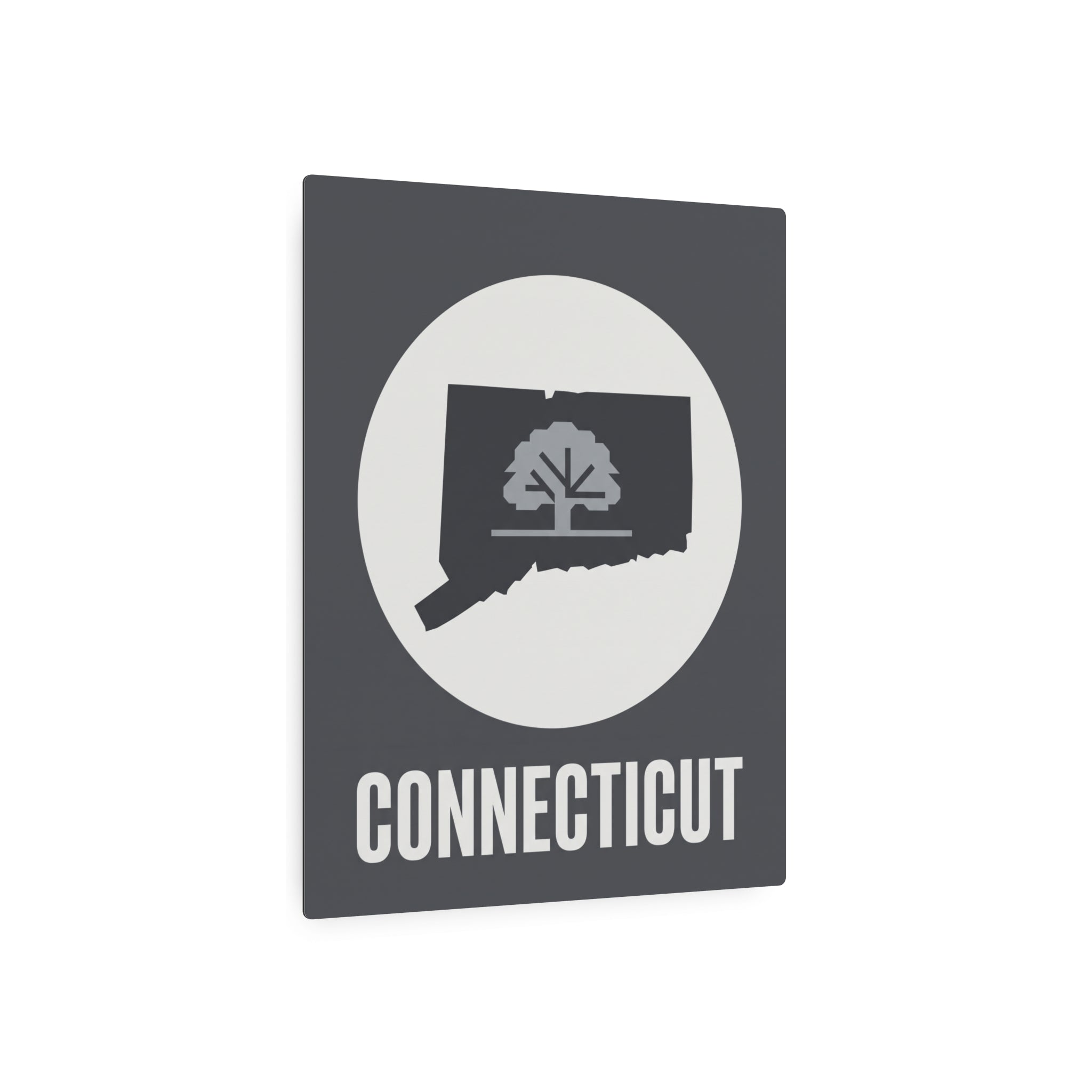 Connecticut state metal wall art sign with circular tree silhouette and CONNECTICUT wordmark
