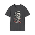 Rockabilly Rebel skeleton T-shirt, dark heather grey; skull with pompadour and razors