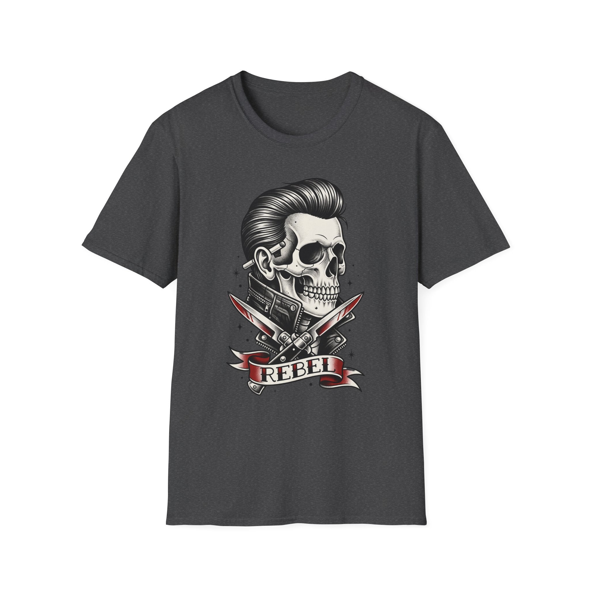 Rockabilly Rebel skeleton T-shirt, dark heather grey; skull with pompadour and razors