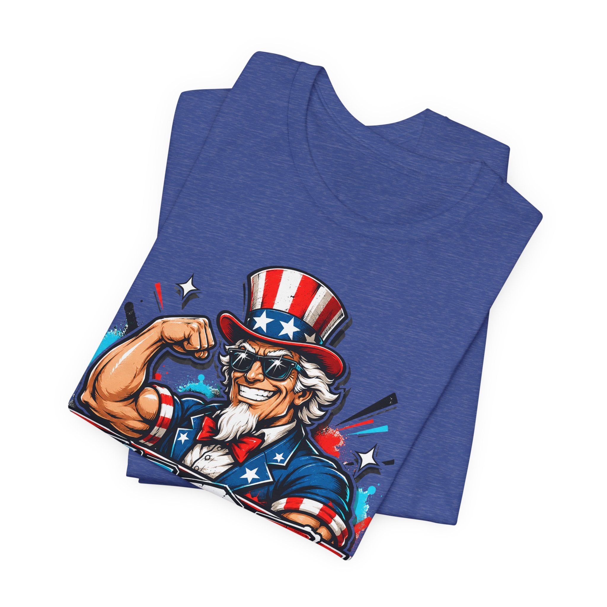 Blue muscle T-shirt with Uncle Sam USA graphic, folded view
