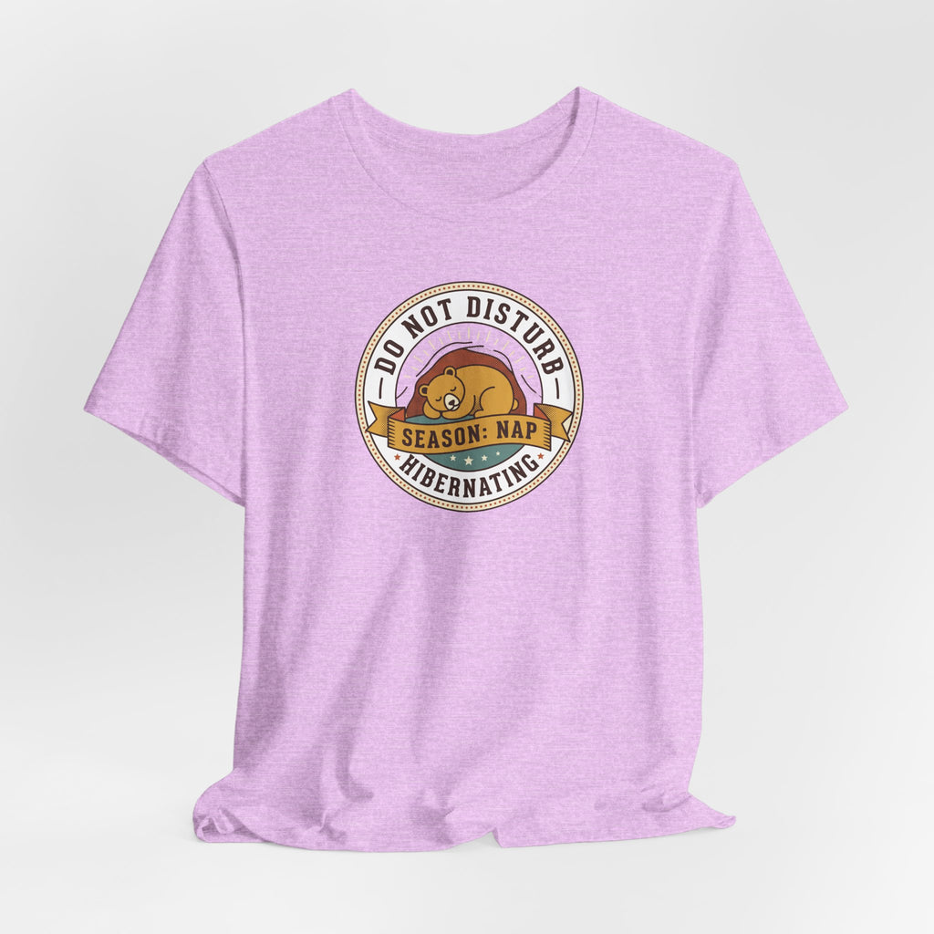 Light purple crew-neck T-shirt featuring a circular bear nap graphic on chest.