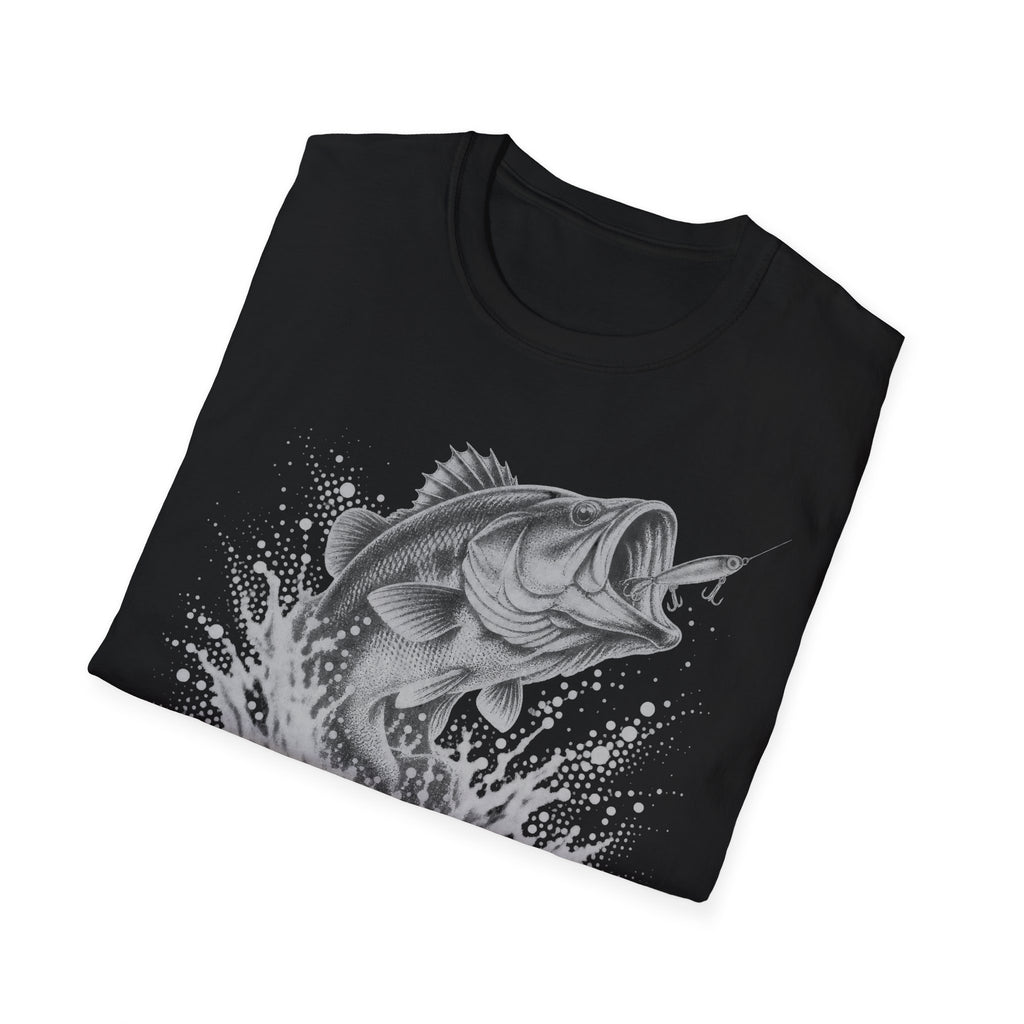 Black crew-neck T-shirt with gray largemouth bass splash graphic on front