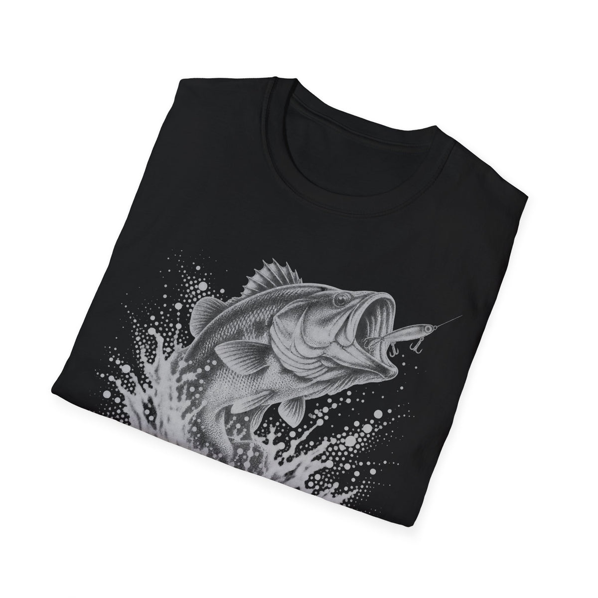 Black crew-neck T-shirt with gray largemouth bass splash graphic on front