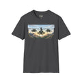 Dark Heather T-shirt with helicopter graphic and mountain valley landscape