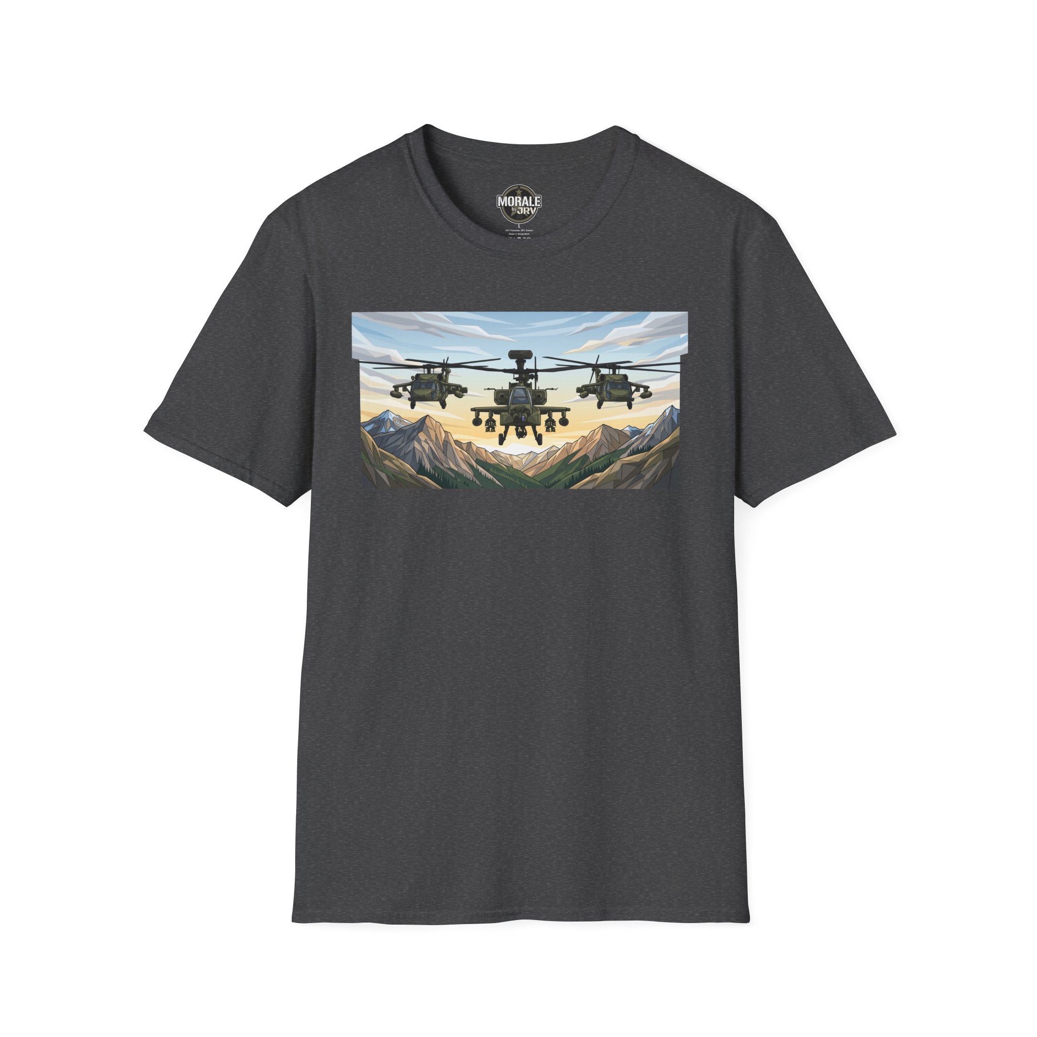 Dark Heather T-shirt with helicopter graphic and mountain valley landscape