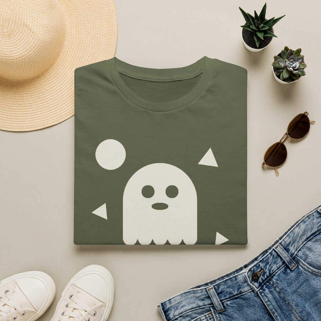 Dark green T-shirt with white ghost face graphic and small triangle accents