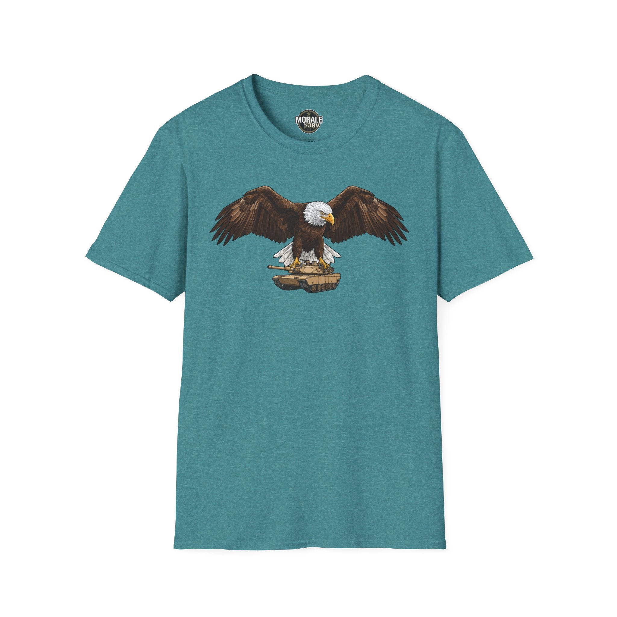 Camiseta turquesa con águila calva patriótica y diseño central sobre un tanque