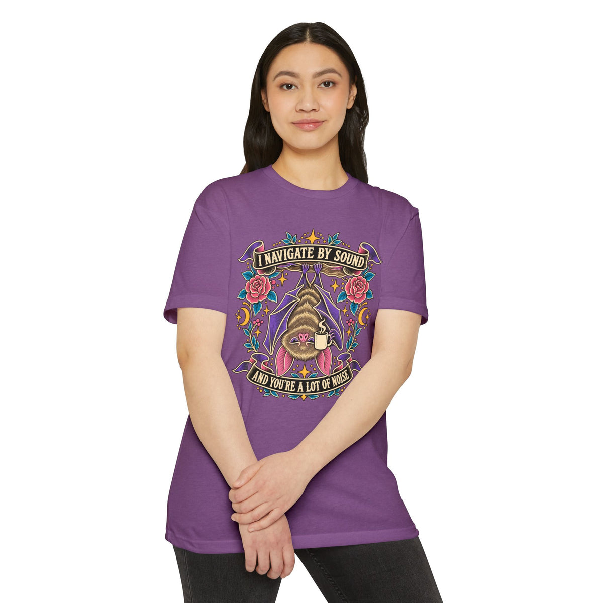 Purple graphic t-shirt with bat, roses, and front slogan print