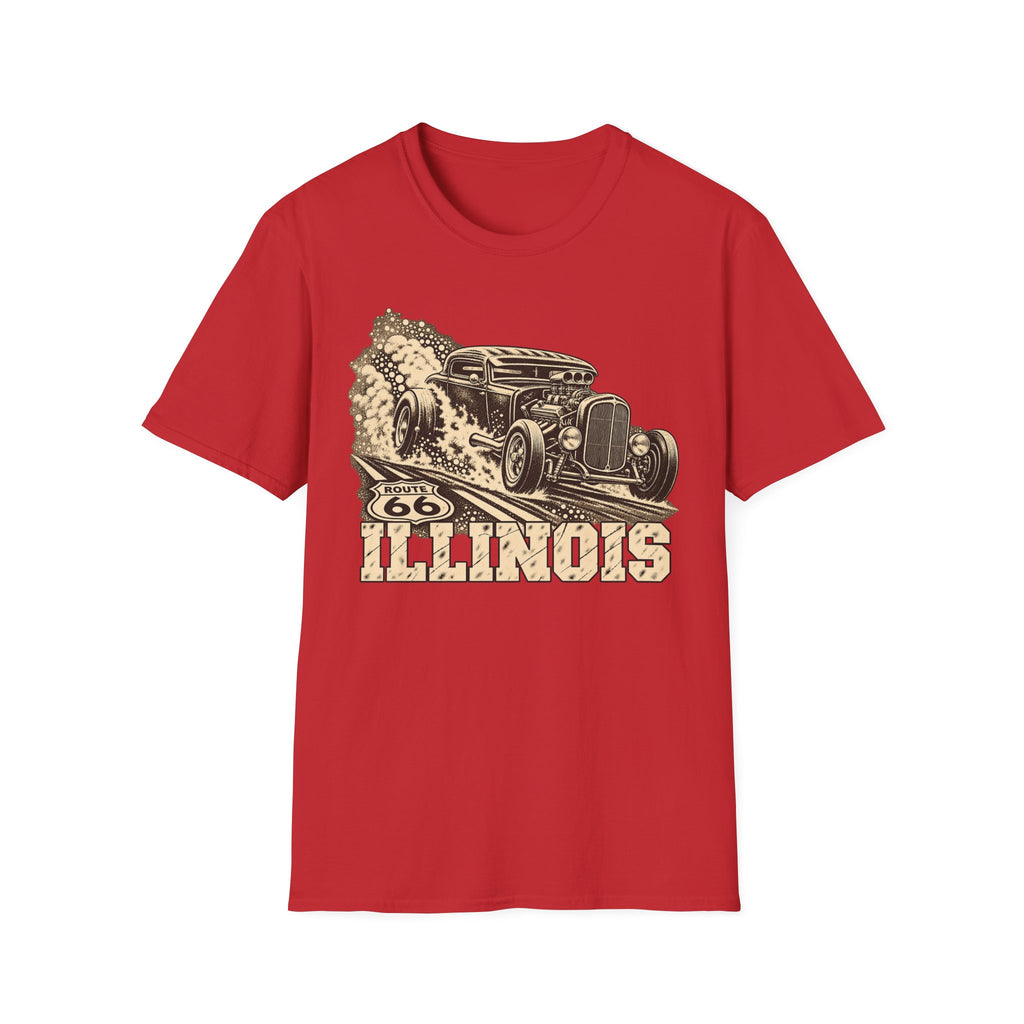 Red hot rod T-shirt with vintage car and Illinois graphic print