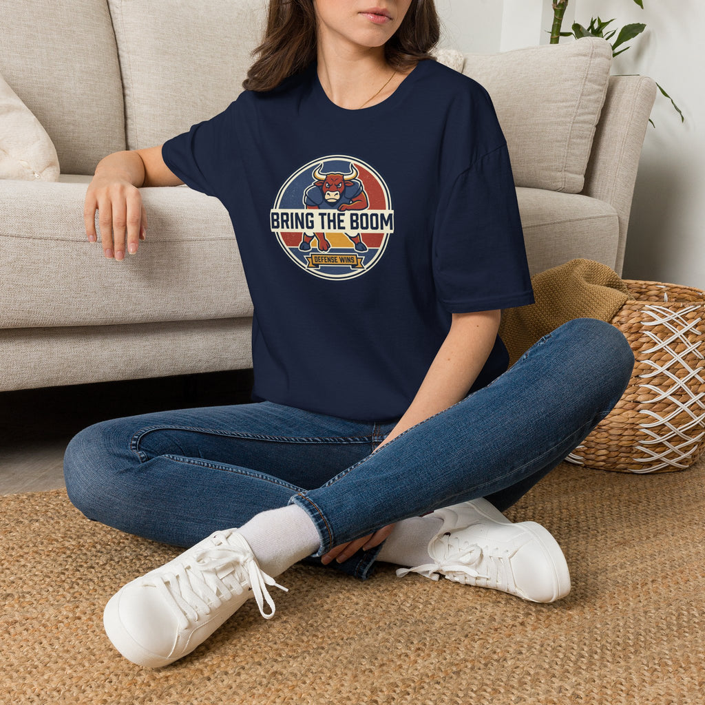 Navy crew-neck T-shirt with round bull mascot graphic on the chest
