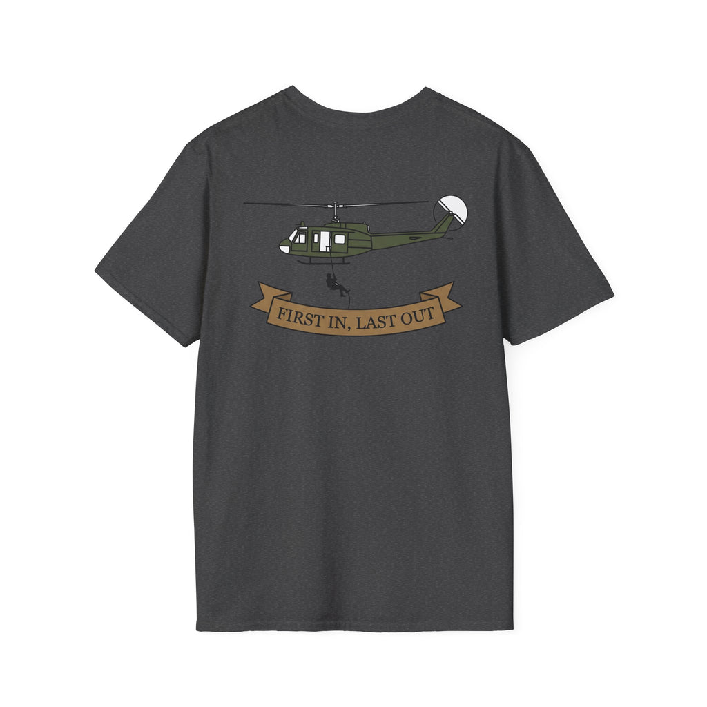 Dark heather rescue helicopter T-shirt with “FIRST IN, LAST OUT” ribbon graphic