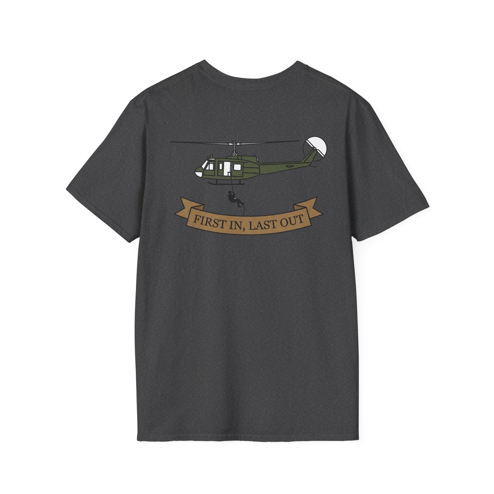 Dark heather rescue helicopter T-shirt with “FIRST IN, LAST OUT” ribbon graphic