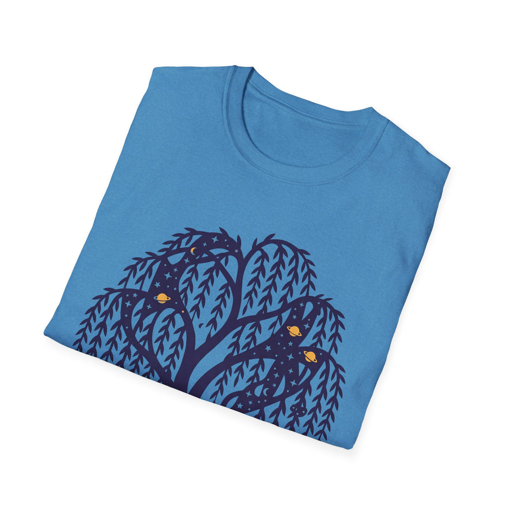 Blue T-shirt with large owl-and-weeping-willow tree graphic on the front