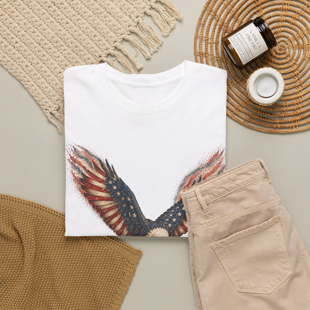 White crew-neck t-shirt with eagle wings and stars print