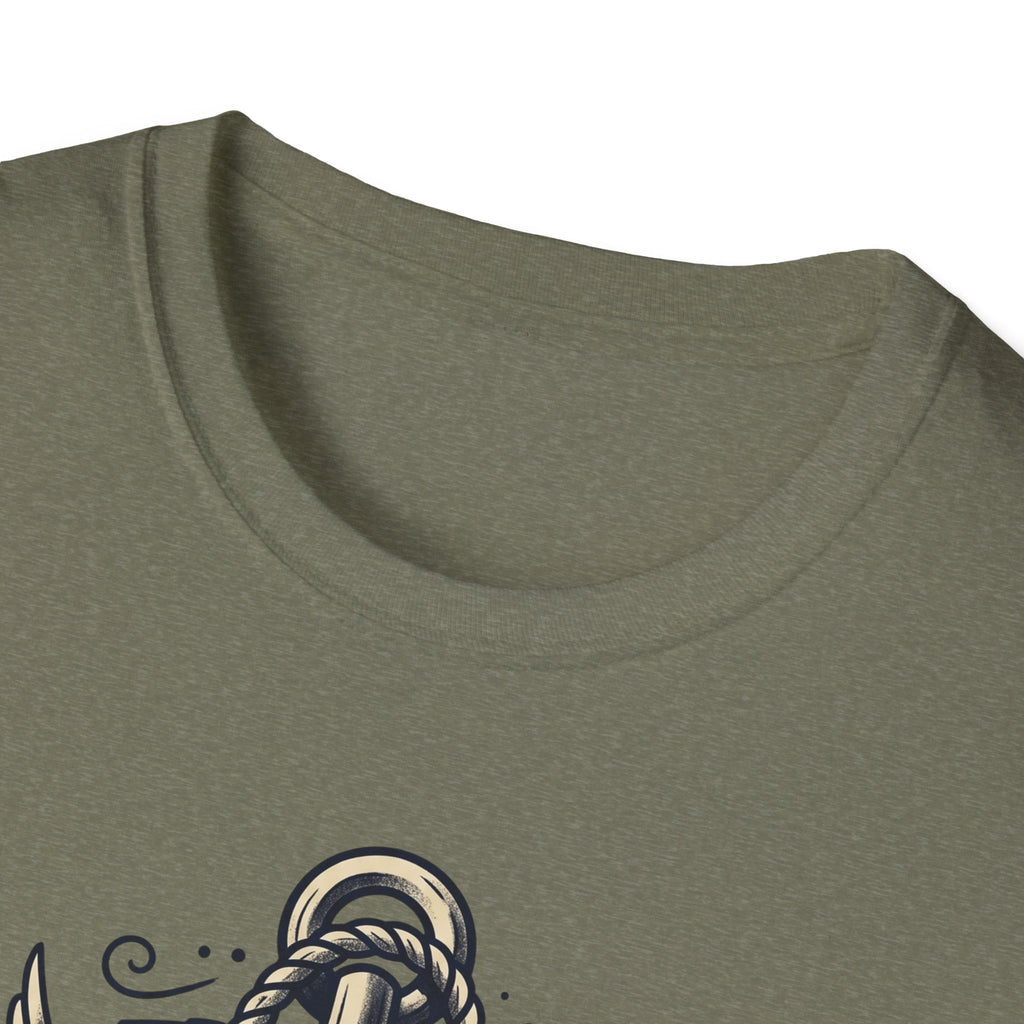 Heather military green sailor skull anchor T-shirt, crew neck with top of nautical tattoo graphic
