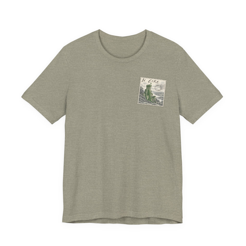 Light gray travel t-shirt with vintage postage-stamp castle graphic on chest