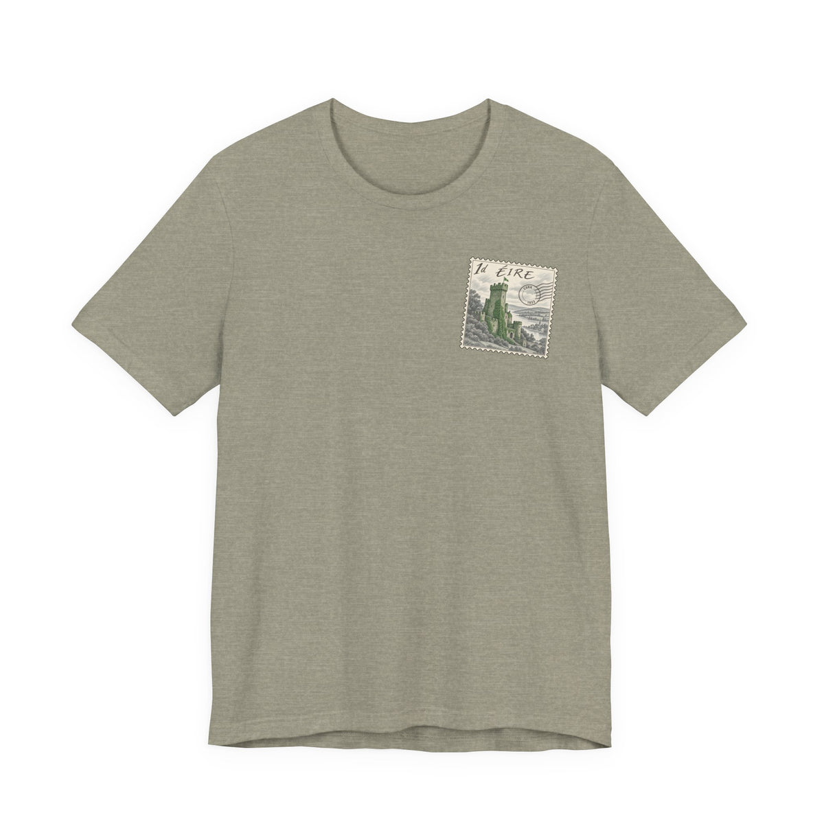 Light gray travel t-shirt with vintage postage-stamp castle graphic on chest