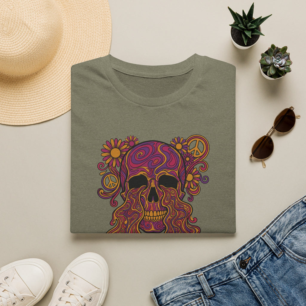 Olive green crew-neck t-shirt with colorful psychedelic skull and peace sign graphic