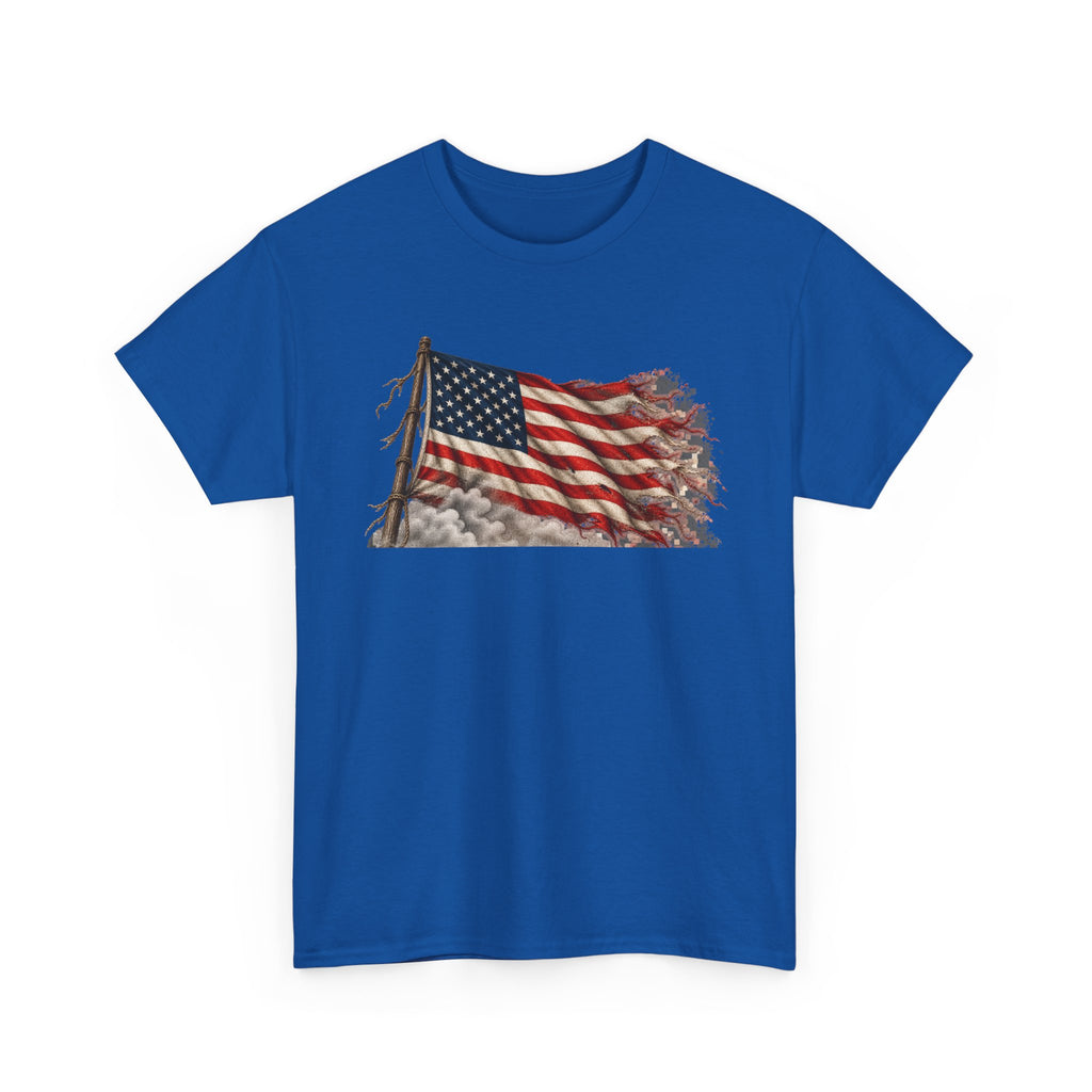 Royal blue short-sleeve crewneck T-shirt with weathered waving American flag graphic