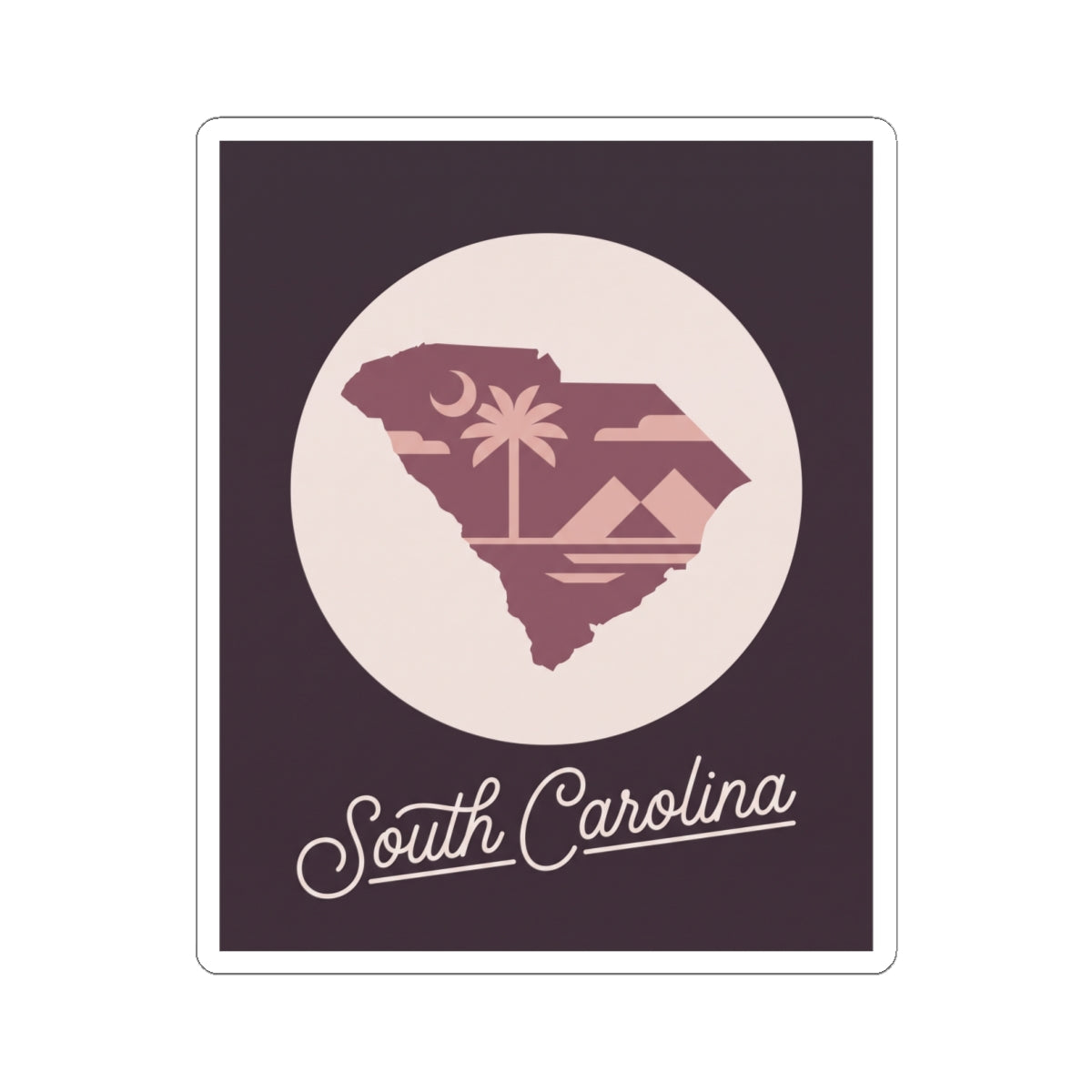 South Carolina sticker featuring palm tree scene inside a round beige medallion