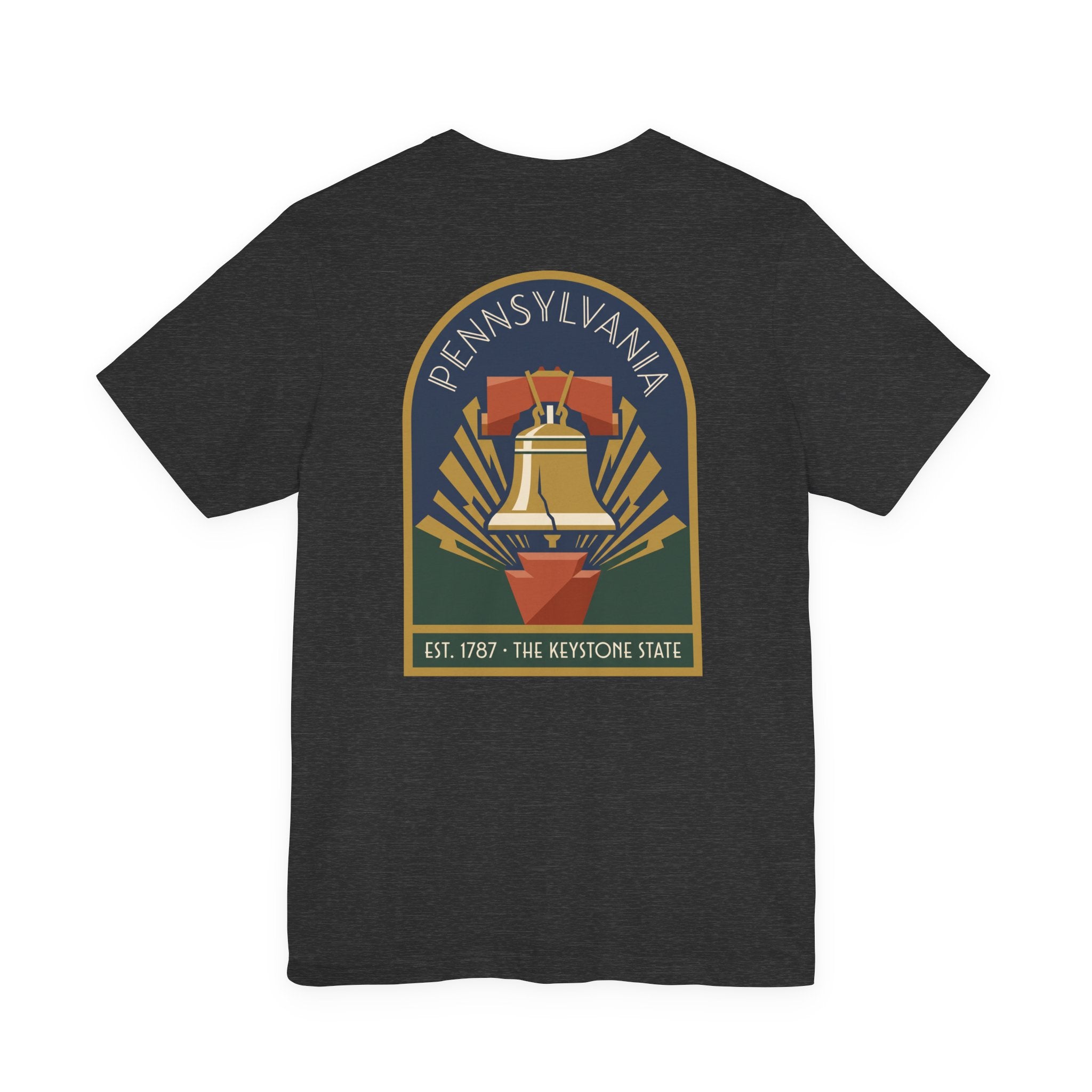 Black T-shirt with large Art Deco-style Pennsylvania Liberty Bell graphic on front.