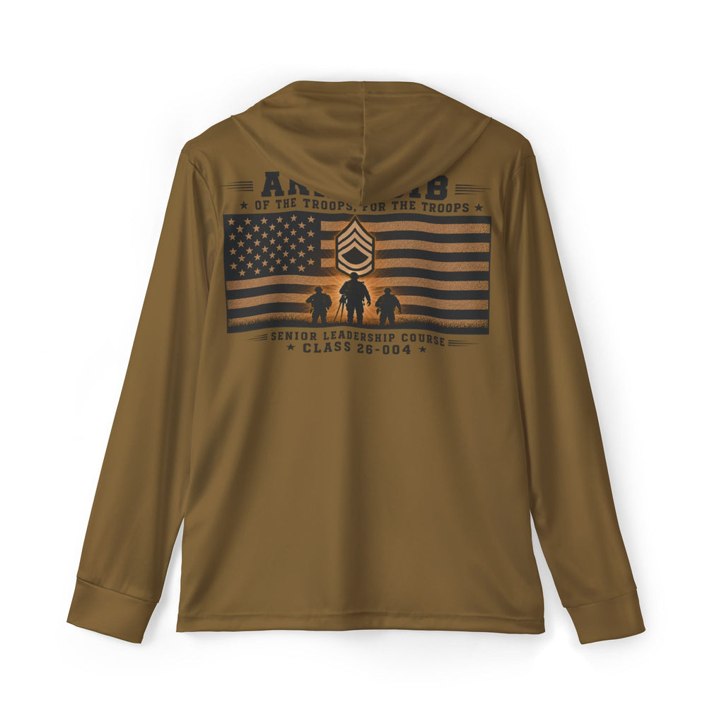 Olive-brown hoodie with hood, large back U.S. flag stripe emblem and leadership text patch