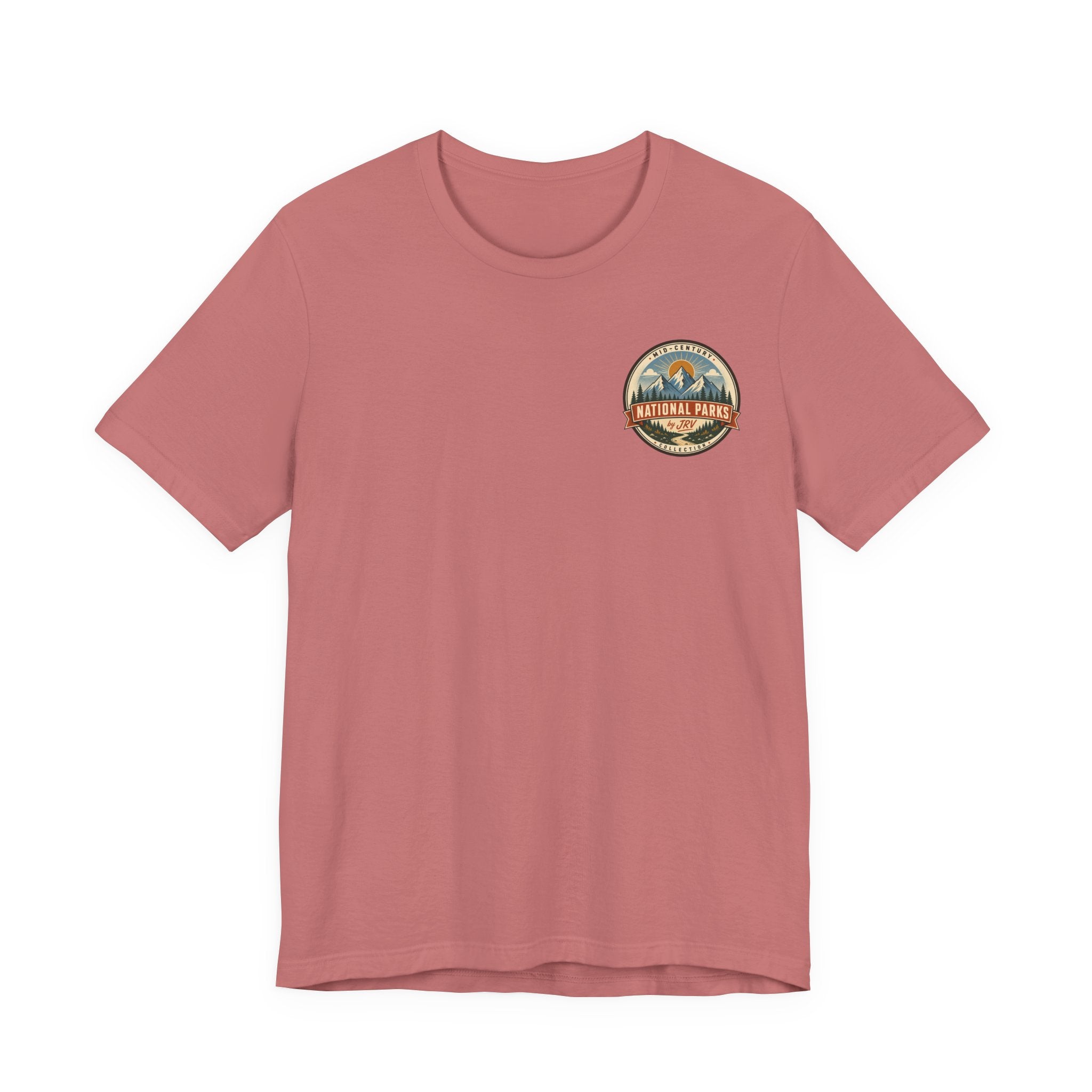 Rose Yosemite national park t-shirt with circular retro emblem chest graphic.