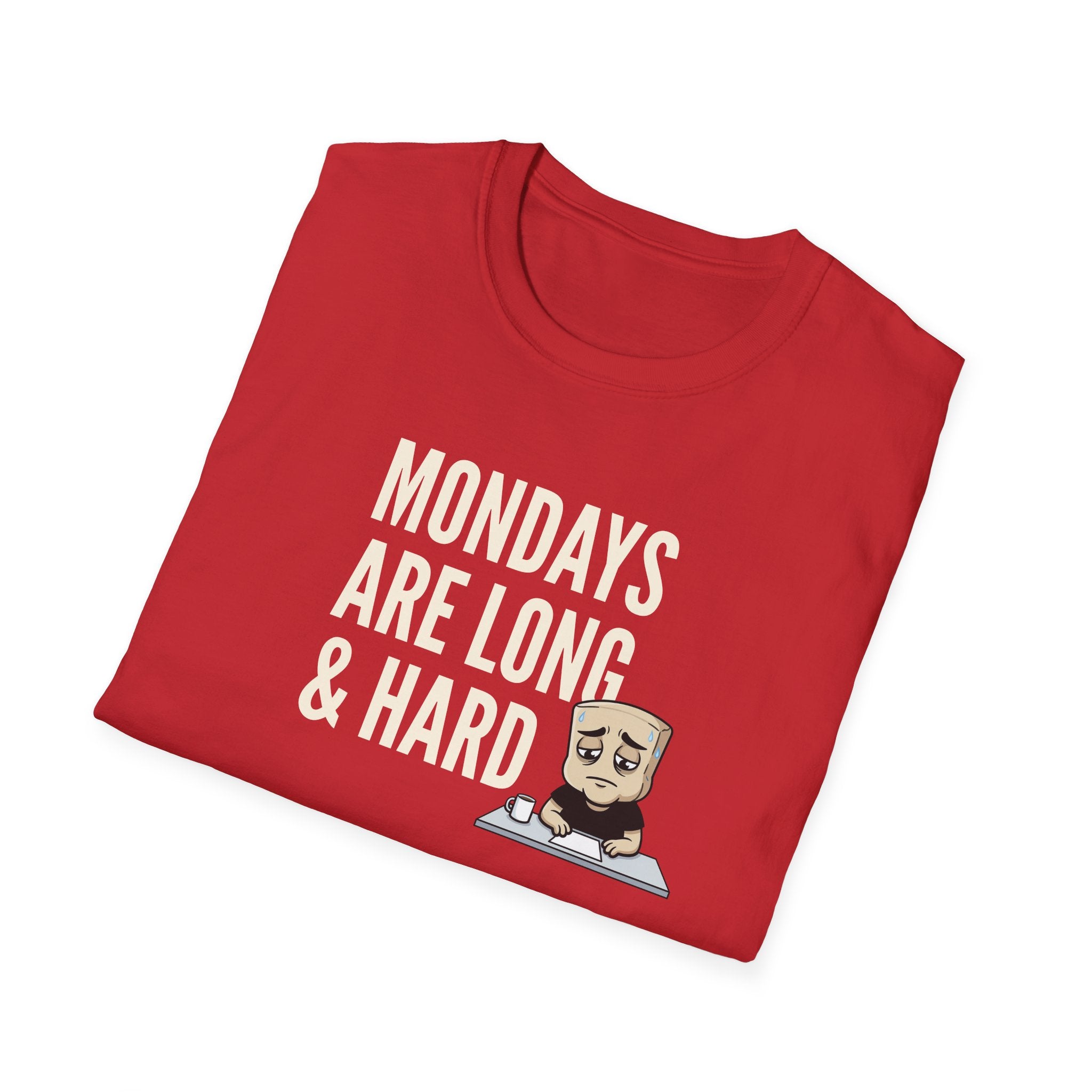 Red T-shirt with “Mondays are long & hard” coffee mug graphic