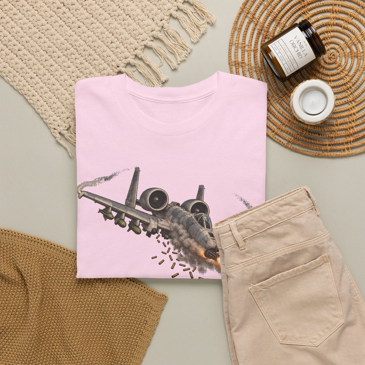Light pink crewneck T-shirt with jet attack graphic