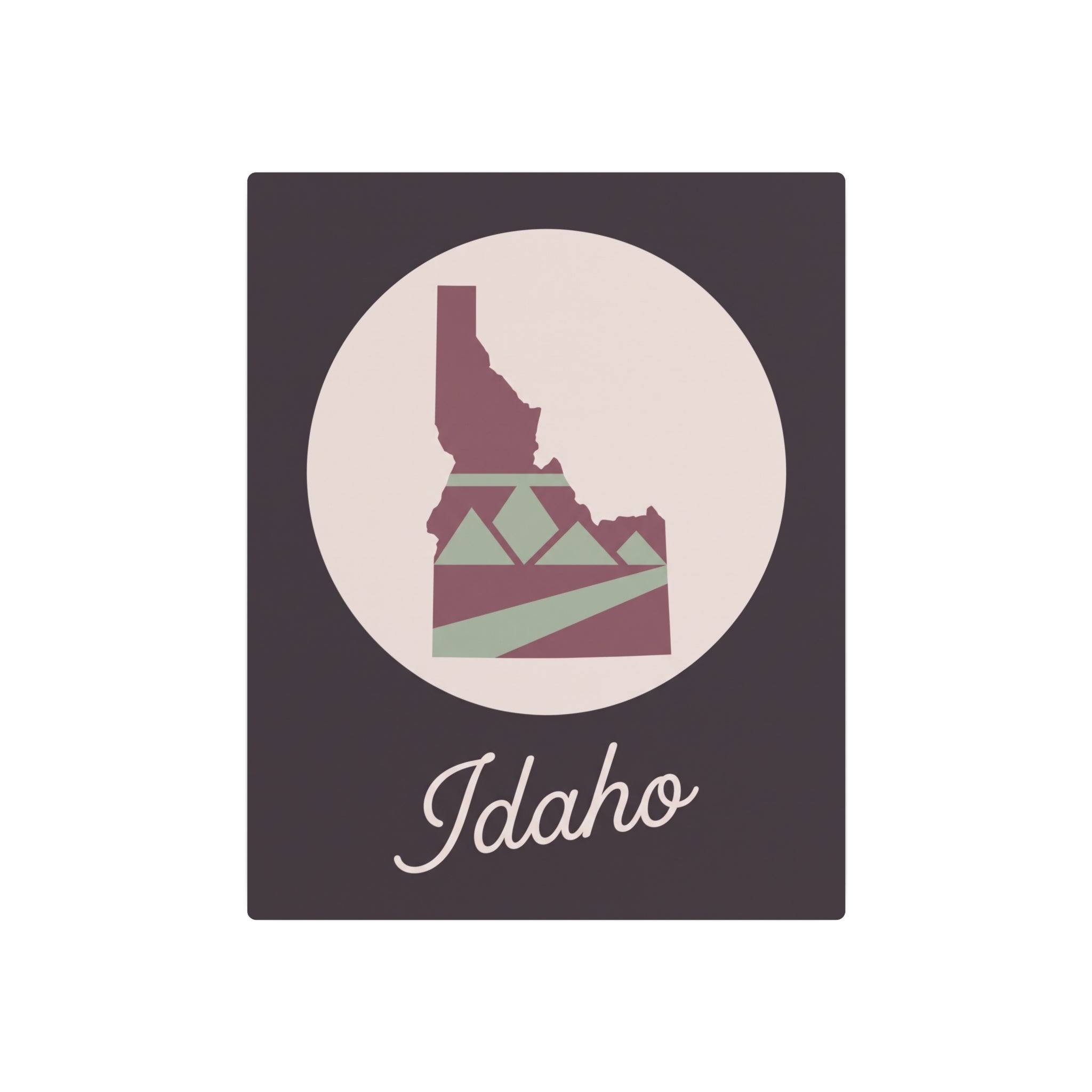 Idaho State silhouette metal wall art in mauve and sage with Idaho script lettering