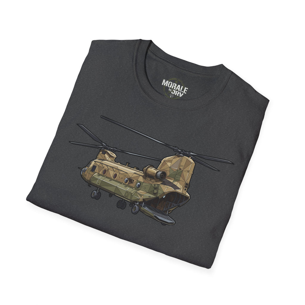CH-47 Chinook helicopter graphic on dark gray crew-neck T-shirt
