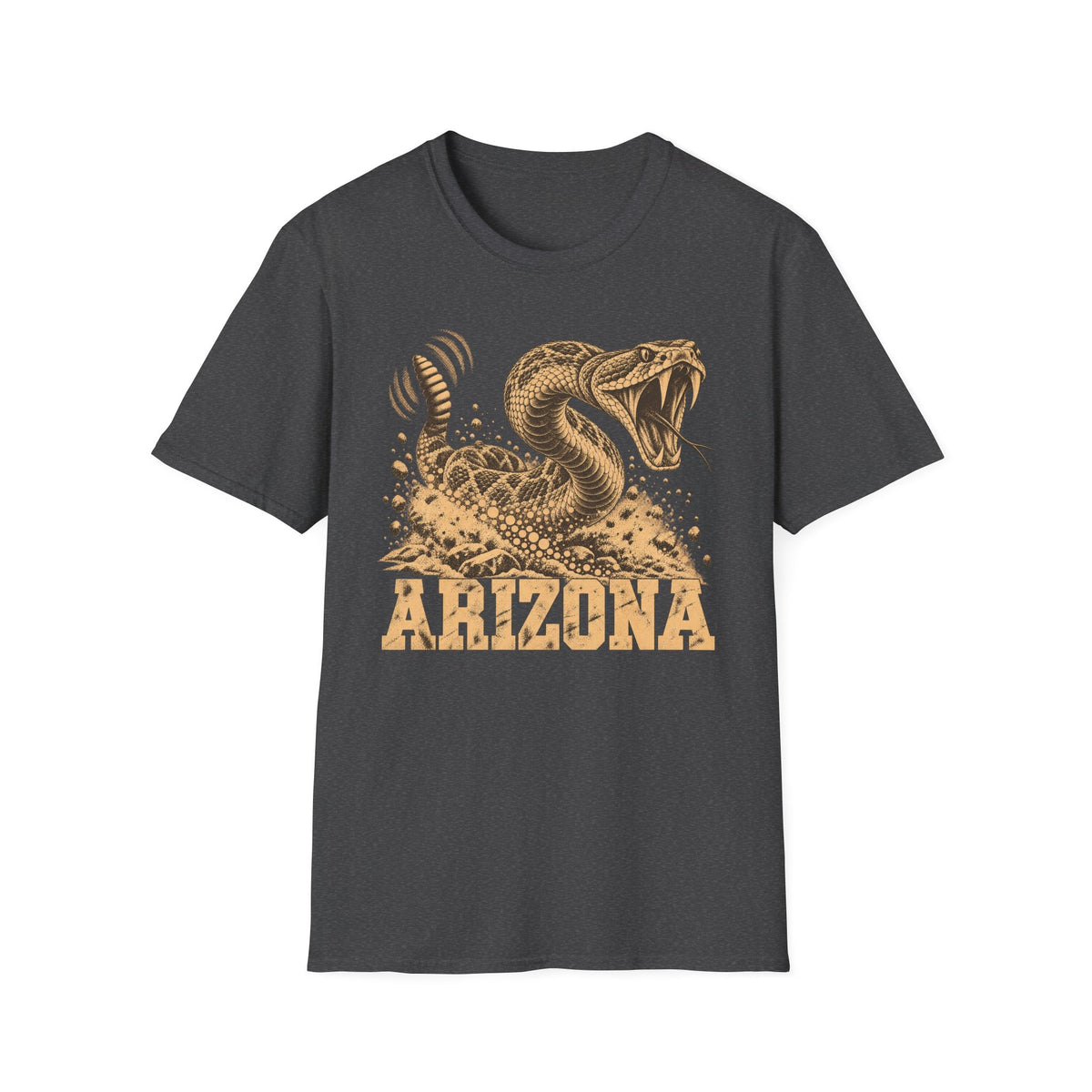 Men's charcoal graphic T-shirt with coiled rattlesnake and 'ARIZONA' front print