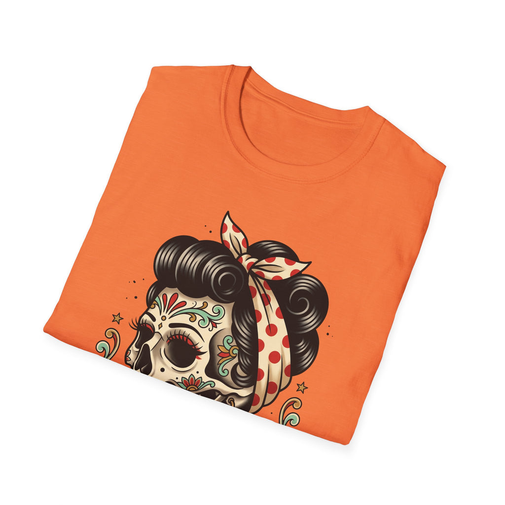 Orange T-shirt featuring pin-up sugar skull face with ribbon bow and decorative curls